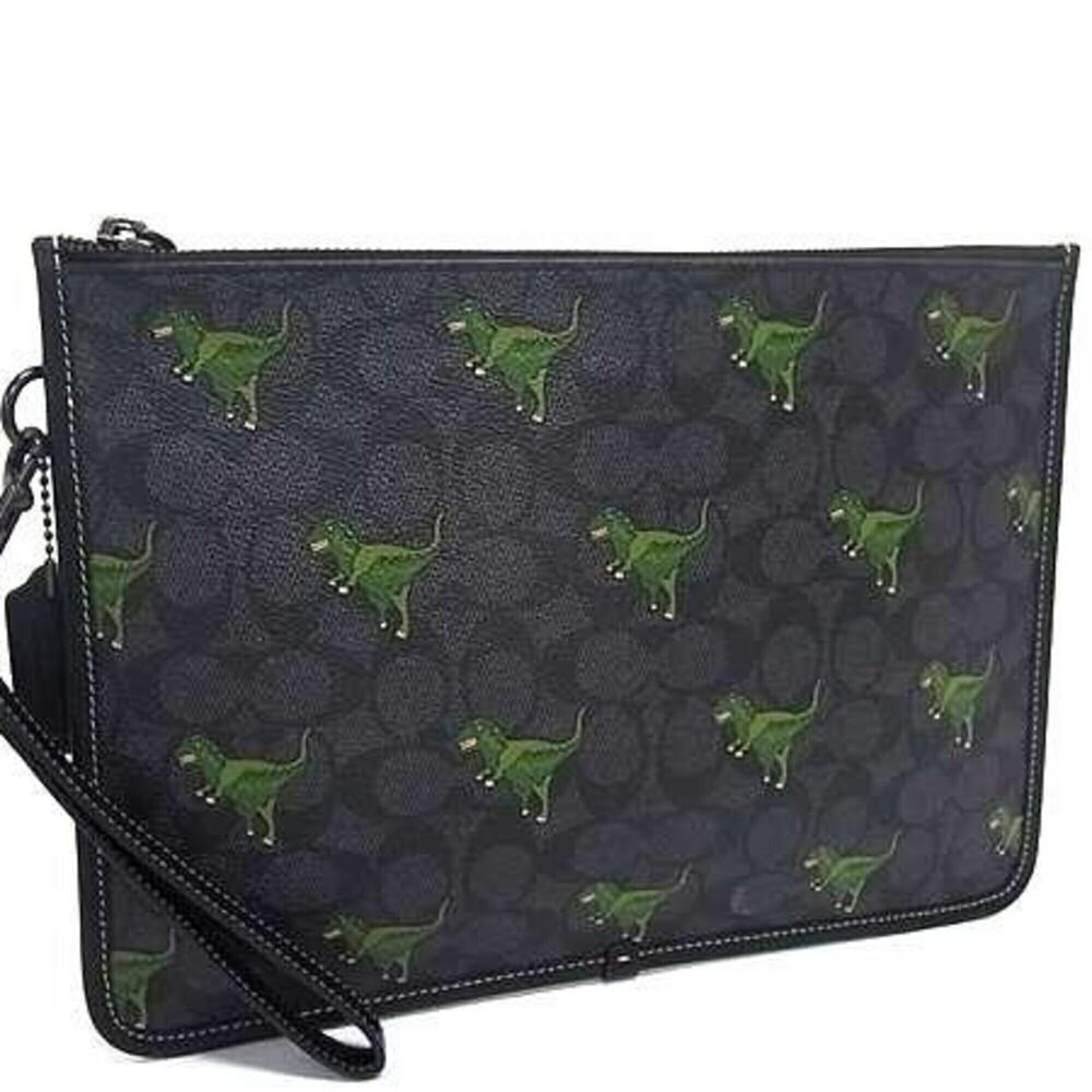 COACH Large Signature Canvas Rexy Pouch CF063 Bag Charcoal Black Multi Leathe...
